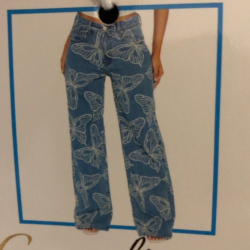 White Butterflies laser print ultra soft stretch straight fit blue jeans size 16 - Picture 10 of 10